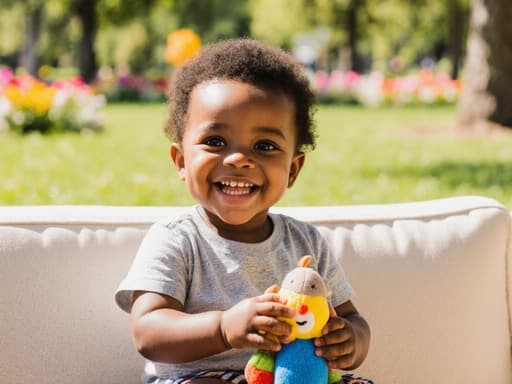 잔디가 깔린 공원에 편안하게 앉아 있는 귀여운 1세 아프리카계 남아의 반신 사진입니다. 그는 편안한 티셔츠와 반바지를 입고 있으며, 손에 인형을 들고 즐겁게 놀고 있습니다. 배경에는 푸르른 잔디와 나무, 꽃들이 있어 활기차고 생동감 넘치는 분위기를 자아냅니다. 소년은 즐거운 표정을 짓고 있으며, 장난감을 가지고 노는 모습이 따뜻하고 기분 좋은 장면을 만들어냅니다.