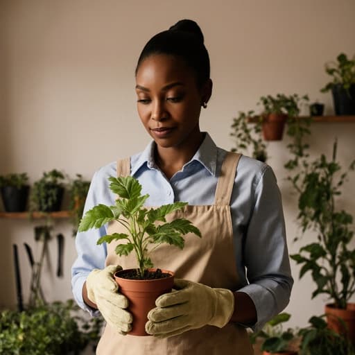 차분하고 집중한 표정의 40대 아프리카계 여성의 반신 사진이 촬영되었습니다. 편안한 작업복과 장갑을 착용한 그녀는 한 손에 식물 화분을 들고 다른 손으로는 잎을 살펴보며, 아늑한 거실 배경에는 다양한 식물과 정원 도구가 배치되어 있어 그녀의 정원 가꾸기에 대한 헌신을 강조합니다.