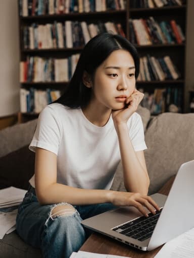 초등학생 나이의 아시아계 여성 학생이 캐주얼한 티셔츠와 청바지를 입고, 책상에 앉아 손으로 턱을 괸 채 집중하고 있지만 약간 피곤해 보입니다. 그녀의 주변은 편안한 분위기의 거실로, 책장과 연구 자료들이 있어 학습 환경을 더욱 아늑하게 만들어 줍니다.