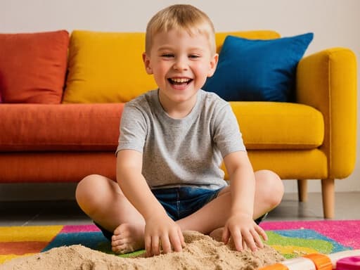7세 백인 남성이 밝고 생기 있는 외모로, 다채로운 거실 바닥에 앉아 있는 반신 사진입니다. 그는 편안한 티셔츠와 반바지를 입고, 두 손으로 모래놀이 세트를 만지며 즐겁게 상호작용하고 있습니다. 그의 표정은 활발하고 행복하여, 모래와 놀면서 기쁨과 흥분을 드러내고 있습니다. 배경은 그를 둘러싼 모래놀이 세트가 펼쳐진 화사한 거실로, 즐겁고 초대하는 분위기를 만들어냅니다.