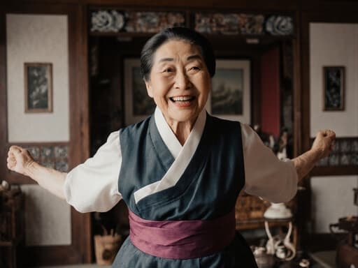 70대의 한국인 여성이 자연스러운 외모로 전통 한복을 입고 있는 반신 사진입니다. 그녀는 따뜻한 미소를 지으며 행복감을 표현하며, 전통 이야기를 전하는 듯 점프하는 모습입니다. 배경은 아늑한 거실로 전통적인 한국 소품으로 꾸며져 있어 문화적인 분위기를 더하고 있습니다. 전체적인 구성은 기쁨과 전통의 본질을 포착하며, 고요한 환경 속에서 여성의 생동감 넘치는 정신을 강조합니다.