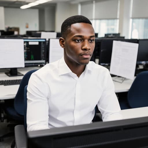 20대 아프리카계 남성이 깔끔한 흰색 셔츠와 어두운 색 바지를 입고 현대적인 컴퓨터실에 앉아 컴퓨터 화면을 집중하여 바라보고 있습니다. 주변에는 여러 대의 컴퓨터와 연구 자료가 배치되어 있어 전문적이고 혁신적인 분위기를 자아냅니다.
