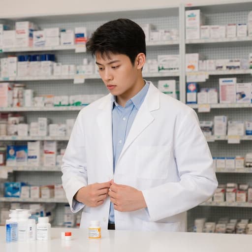 흰색 약사 의상과 캐주얼한 셔츠를 입은 혼혈 남성 약사가 반신 샷으로 촬영되었습니다. 그는 약국 카운터에서 약을 받으며 코트를 정리하는 모습으로 편안한 표정을 짓고 있습니다. 배경은 다양한 약품과 건강 관련 자료들로 가득 찬 깔끔하고 정돈된 약국 내부로, 전문적이고 따뜻한 분위기를 자아냅니다.