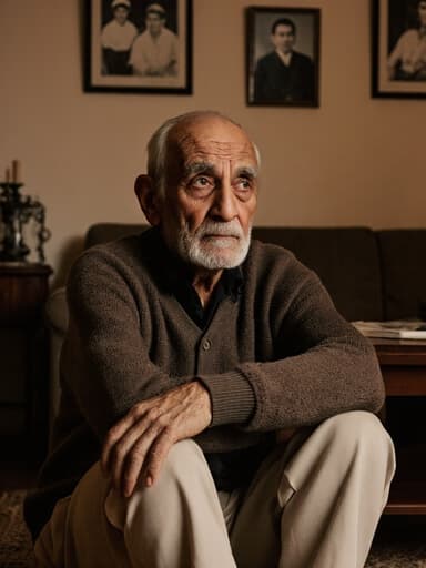 80대 중동계 남성이 편안한 집안 복장을 하고 있는 반신 사진입니다. 깊은 주름과 지혜로운 표정이 돋보이며, 카디건과 면바지를 착용하고 있습니다. 남성은 지루한 표정을 지으며 멀리 시선을 두고 바닥에 앉아 팔을 무릎에 올리고 고개를 약간 숙이고 있습니다. 배경은 따뜻한 색조의 거실로, 가족 사진이 벽에 걸려 있고 소파와 커피 테이블이 있어 아늑한 분위기를 자아냅니다.