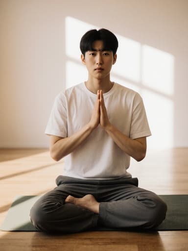 10대 후반의 한국인 남성이 요가복을 입고 반신 촬영된 모습입니다. 그는 가슴 앞에 손을 모으고 인사하며 걱정스러운 표정을 짓고 있습니다. 부드러운 조명과 나무 바닥이 어우러진 요가 센터의 차분한 내부는 요가의 마음챙김 주제를 잘 나타내고 있습니다.