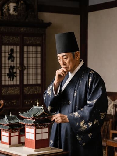 이 이미지는 고급스러운 전통 한복을 입은 혼혈의 80대 남성이 빈티지 가구로 가득한 전통적인 거실에서 서 있는 모습을 담고 있습니다. 그는 전통 건축물 모형을 깊은 생각에 잠긴 표정으로 자세히 바라보고 있으며, 그의 얼굴에는 걱정스러운 감정이 드러나고 있어 유산과의 깊은 연결감을 불러일으킵니다.