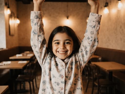 아늑한 카페에서 즐거운 표정을 지으며 손을 머리 위로 올려 스트레칭하는 7세 중동계 소녀가 편안한 파자마를 입고 있는 모습. 부드러운 조명과 함께 따뜻한 분위기를 자아냅니다.
