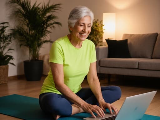 60대 라틴계 여성의 반신 사진으로, 요가 매트 위에 앉아 자연스러운 아름다움을 드러내고 있습니다. 편안한 밝은 색상의 요가 복장과 함께 매력적인 미소를 지으며 자신감 있는 표정을 짓고 있으며, 집중하여 노트북을 사용하고 있습니다. 배경은 부드러운 조명으로 밝혀진 아늑한 명상실로, 식물과 편안한 소파가 배치되어 있어 전체적인 평온한 분위기를 더해줍니다.