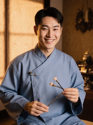 전통 의사복을 입은 20대 백인 남성 모델이 따뜻하게 미소를 지으며 한 손에 뜸 치료 도구를 들고 다른 손으로 음식을 먹고 있는 모습입니다. 배경은 따뜻한 조명과 자연적인 요소가 어우러진 아늑한 상담실로, 모델의 자연스러운 모습을 강조하며 전통적인 치료 방법의 조화를 보여줍니다.