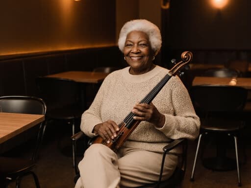 아늑한 카페에서 편안한 니트 스웨터와 슬랙스를 입은 80대 아프리카계 여성의 반신 사진. 만족스러운 표정을 지으며 악기를 연주하는 모습이 따뜻한 나무 가구로 둘러싸인 장면.