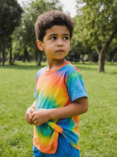 7세의 라틴계 남자아이가 공원에 서 있습니다. 그는 밝은 색의 티셔츠와 반바지를 입고 있으며, 지루한 표정을 지으며 한 손으로 옷자락을 잡고 주위를 바라보는 모습이 푸른 잔디와 나무들로 이루어진 배경과 함께 어우러져 있습니다.