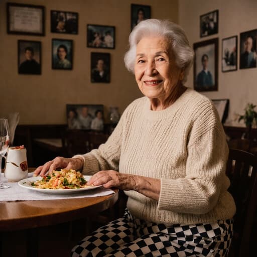 자연스럽고 따뜻한 외모의 80대 라틴계 여성이 편안한 니트 스웨터와 체크무늬 바지를 입고, 테이블 위의 요리를 바라보며 고마운 미소를 짓고 있는 아늑한 거실 카페 분위기의 반신 사진. 벽에는 가족 사진이 걸려 있습니다.