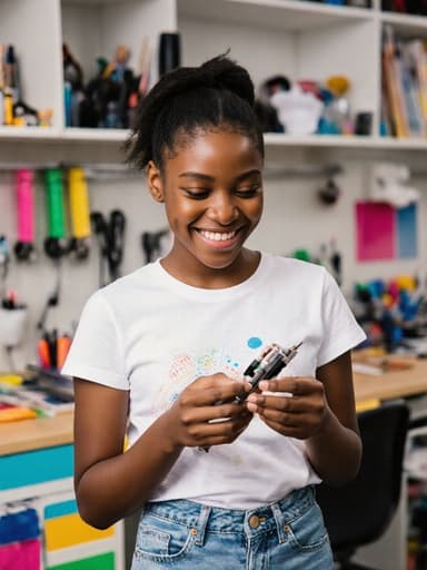 10대 초반의 흑인 소녀가 현대적인 디자인 스튜디오에서 자신감 있게 서 있습니다. 밝은 캐주얼 티셔츠와 세련된 청바지를 입고, 손에 디자인 도구를 들고 호기심 가득한 표정으로 살펴보며, 주변에는 다양한 디자인 도구와 색상 팔레트가 있어 창의적인 분위기가 느껴집니다.