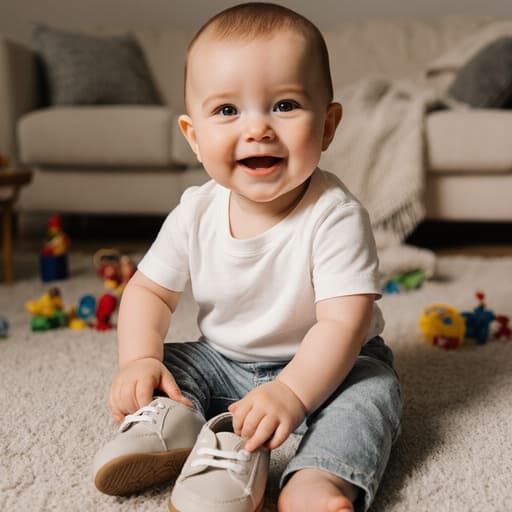 아기 같은 외모를 가진 1세 유럽계 남아의 반신 사진으로, 아늑한 거실에 편안히 앉아 있습니다. 그는 여유로운 아기용 티셔츠와 바지, 그리고 귀여운 신발을 신고 있습니다. 즐거운 표정을 지으며 한 손으로 신발을 잡고 신으려 하고 있는 모습이 보입니다. 배경은 장난감과 쿠션으로 가득 차 있어 아기에게 친숙하고 따뜻한 분위기를 만들어 주며, 장난스럽고 순수한 기분을 강조합니다.