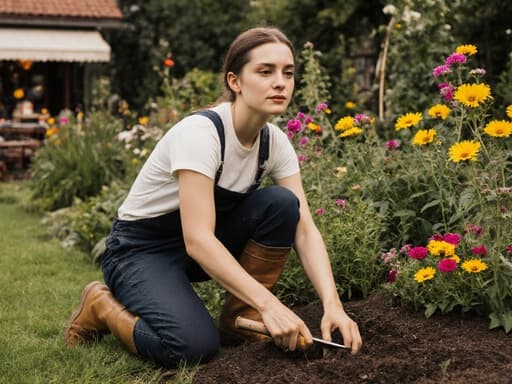 20대 백인 여성이 편안한 작업복과 장화를 입고, 푸른 식물과 꽃이 가득한 정원에서 꽃을 심고 있는 모습이 반신샷으로 담겨 있습니다. 그녀의 표정은 피곤하지만 만족스러운 느낌을 주며, 배경의 아늑한 카페가 자연과 여유로운 분위기를 더하고 있습니다.