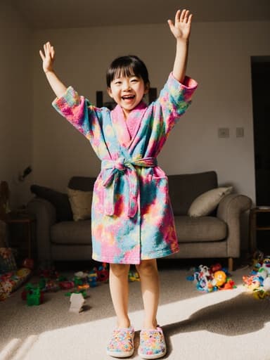 밝고 건강한 외모를 가진 7세 동양인 여성 어린이가 전체 신체 샷으로 포착되었습니다. 그녀는 화려한 목욕 가운과 작은 슬리퍼를 신고 손을 머리 위로 흔들며 즐겁게 춤추고 있습니다. 주변은 장난감과 쿠션이 흩어져 있는 아늑하고 밝은 거실로, 장난기 가득한 분위기를 만들어냅니다. 전체적인 구성은 그녀의 활기찬 표정과 어린 시절의 즐겁고 자유로운 본성을 잘 드러내어 이미지가 따뜻하고 매력적입니다.