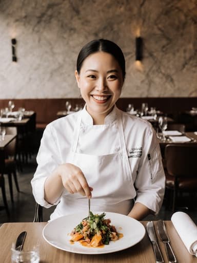 20대 백인 여성이 셰프 유니폼과 흰색 앞치마를 입고 행복하게 미소 지으며 아늑한 현대식 레스토랑에서 맛있는 음식을 즐기고 있는 모습으로, 요리 경험의 즐거움을 강조합니다.