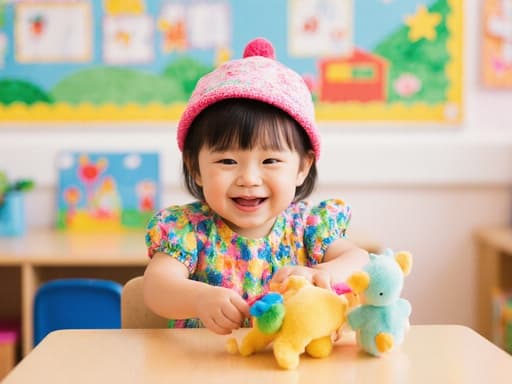밝고 아늑한 유치원 교실에서 작은 테이블에 앉아 인형과 놀고 있는 즐거운 1살 아시아계 여성 어린이가 화려한 유치원 가는 옷과 모자를 착용하고 있습니다. 그녀는 행복한 표정을 짓고 있으며, 놀이 환경에서의 즐거움과 몰입감을 나타내고 있습니다.