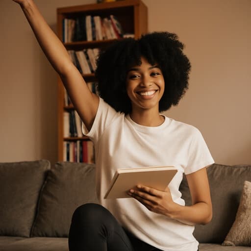 10대 후반의 흑인 여성이 편안한 티셔츠와 레깅스를 입고 반신 촬영된 모습입니다. 그녀는 한 손에 노트를 들고 다른 손으로 스트레칭을 하며 밝게 웃으며 창작의 영감을 찾고 있는 모습이며, 아늑한 거실에 책장과 편안한 소파가 배치되어 있습니다.