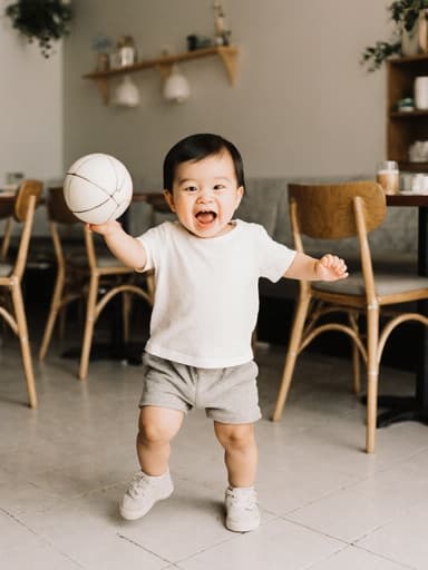 1세 남자 아시아계 아기가 편안한 티셔츠와 반바지를 입고 배고픈 표정을 지으며 입을 벌리고 있는 모습을 전신 샷으로 담았습니다. 아기는 손에 작은 공을 들고 춤추듯이 움직이며 생동감 있고 유쾌한 분위기를 자아냅니다. 배경은 밝고 아늑한 카페 내부로, 테이블과 의자가 배치되어 있어 따뜻한 환영의 느낌을 더합니다.