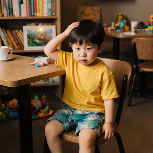 아늑한 카페 테이블에 앉아 있는 귀여운 3세 한국인 남성의 반신 샷으로, 밝은 색의 티셔츠와 반바지를 입고 있습니다. 그는 손으로 머리를 긁적이며 지루한 표정을 짓고 있으며, 책과 장난감으로 가득한 따뜻한 카페 분위기 속에 있습니다.