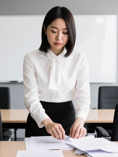 30대 동양인 여성이 흰색 블라우스와 검은색 스커트를 입고 깔끔한 연구원 복장을 한 반신 촬영입니다. 그녀는 연구 자료를 정리하며 책상을 청소하는 자세에서 약간 찡그린 표정으로 집중하고 있습니다. 배경은 화이트보드와 책상이 있는 현대적인 회의실로, 그녀의 연구원 역할을 강조하는 전문적인 분위기를 만들어 줍니다.
