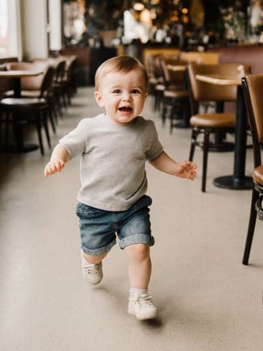 밝고 아늑한 카페에서 편안한 티셔츠와 반바지를 입고 손을 흔들며 달리는 한 살 백인 남아의 전체 몸샷입니다. 그의 약간 찡그린 얼굴은 배고픔을 나타내며, 테이블과 의자들로 가득한 장면에서 놀이의 즐거움을 더합니다.