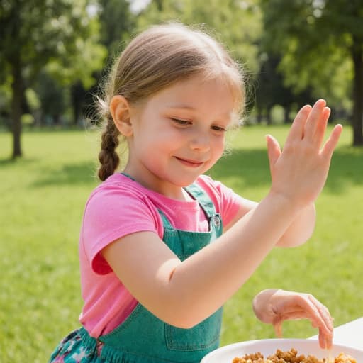 자연스러운 외모의 7세 유럽계 소녀가 밝은 색상의 티셔츠와 스커트를 착용한 반신 사진입니다. 그녀는 졸린 표정으로 약간의 미소를 지으며 식사 준비를 하면서 손을 흔들며 인사하는 자세를 취하고 있습니다. 배경에는 푸른 잔디와 나무들이 있는 공원이 있어 즐거운 분위기를 더하고 있습니다.