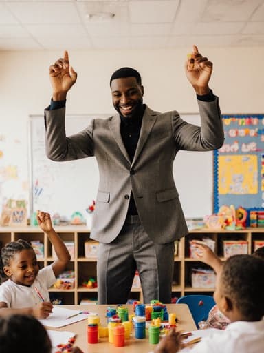 30대 아프리카계 남성이 유치원 선생님으로서 스타일리시한 의상을 입고, 밝고 아늑한 유치원에서 아이들과 함께 즐겁게 춤추고 있는 전신 사진. 아이들은 그림을 그리거나 장난감으로 놀고 있습니다.
