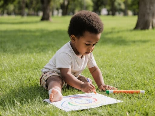 한 살 된 흑인 남자 아이가 공원의 잔디 위에 앉아 편안한 티셔츠와 반바지를 입고 크레용을 들고 종이에 그림을 그리고 있지만, 지루한 표정을 짓고 있습니다. 배경에는 푸른 잔디와 나무들이 있어 평화로운 분위기를 연출합니다.
