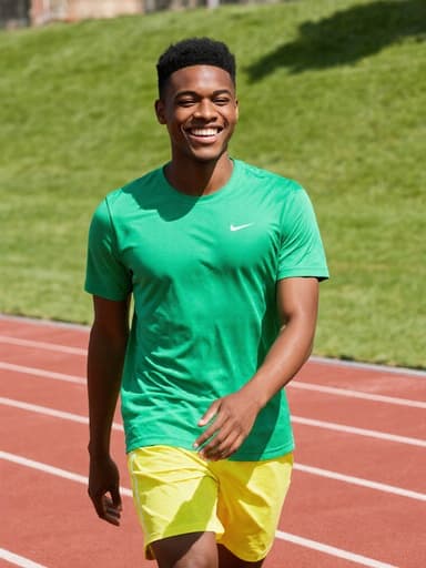 활기찬 흑인 남성 10대 후반이 밝은 운동복을 입고 운동장에서 행복한 미소를 지으며 자신감 있게 걷고 있는 모습, 푸른 잔디와 트랙이 배경에 펼쳐져 있습니다.