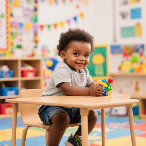 사랑스럽고 귀여운 외모를 가진 1세 남자 아기, 흑인 아기가 편안한 티셔츠와 반바지, 귀여운 운동화를 입고 밝고 아늑한 유치원 교실의 작은 테이블에 앉아 있습니다. 그는 장난감을 들고 사랑스럽고 호기심 가득한 표정을 지으며 물체와 상호작용하고 있습니다. 이 반신 샷은 어린 시절의 경이로움과 놀이의 본질을 포착하며 따뜻하고 초대하는 환경을 배경으로 하고 있습니다.