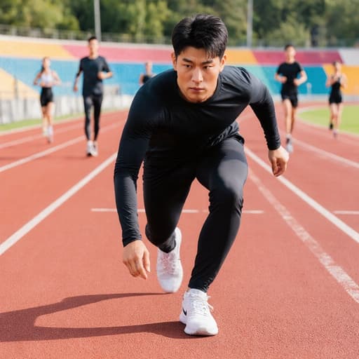 이 이미지는 30대의 건강한 동양인 남성이 현대적인 운동복을 입고 자신감 있게 다채로운 운동 트랙을 걷는 모습을 담고 있으며, 주변 운동하는 사람들과 함께 활기찬 분위기 속에서 집중과 결단력을 보여줍니다.