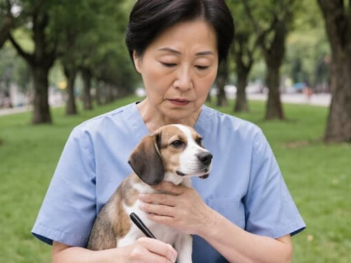 60대 동양인 여성의 반신 촬영으로, 전문적인 의료용 가운을 입고 작은 동물을 안고 메모를 작성하는 모습입니다. 그녀는 긴장한 표정을 짓고 있으며, 나무와 잔디로 둘러싸인 조용한 공원에서 동물의 상태를 살피고 있는 모습입니다.