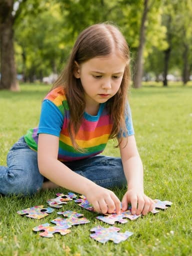 한 몸의 샷으로, 긴 갈색 머리를 가진 7세 백인 소녀가 나무들로 둘러싸인 푸른 공원 잔디에 앉아 있습니다. 그녀는 화사한 색상의 티셔츠와 청바지를 입고 있으며, 바닥에 펼쳐진 퍼즐 조각들을 가지고 약간 지루해 보이는 표정을 짓고 있습니다. 이 장면은 자연 속에서의 장난스럽지만 약간 지루한 순간의 본질을 포착하여 그녀의 자연스러운 표정과 화려한 주변 환경이 어우러져 이미지를 더욱 매력적으로 만듭니다.