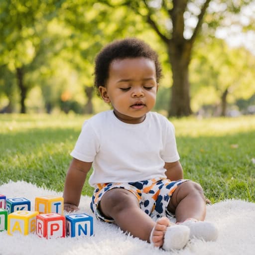 밝은 공원에서 편안하게 앉아 있는 귀여운 1세 아프리카계 남성의 반신 사진. 그는 약간 피곤한 표정을 지으며 편안한 티셔츠와 반바지를 입고 다리를 뻗고 앉아 있습니다. 주변에는 알파벳 블록이 흩어져 있으며, 푸른 잔디와 나무가 있는 배경이 어린이의 순수한 놀이 감성을 강조합니다.