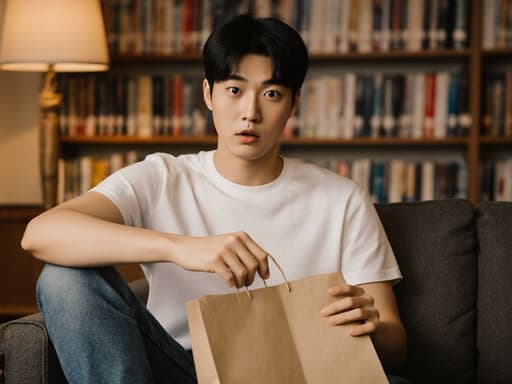 10대 후반 아시아계 남성 모델이 아늑한 도서관의 의자에 앉아 있습니다. 그는 편안한 티셔츠와 청바지를 착용하고, 쇼핑백을 쥐고 놀란 표정을 지으며 눈을 크게 뜨고 있습니다. 배경은 책장과 따뜻한 조명으로 가득 차 있어, 초대하는 분위기가 그의 놀라움을 더욱 강조합니다.