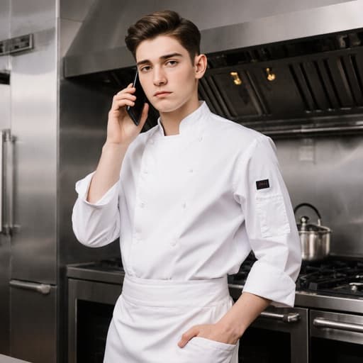 흰색 요리사 복과 앞치마를 착용한 유럽계 남성 청소년이 주방에서 한 손으로 전화를 귀에 대고, 다른 손은 앞치마 주머니에 넣고 있습니다. 무관심한 표정은 약간의 피로감을 드러내며, 조리대와 오븐이 있는 배경은 예비 요리사의 일상을 강조합니다.