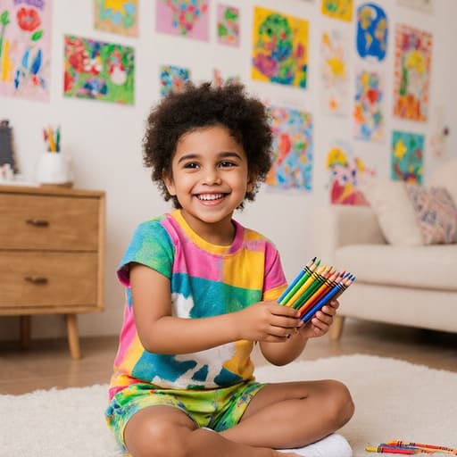 즐거운 표정을 지닌 중동계 5세 어린이가 아름답게 꾸며진 거실 바닥에 앉아 있습니다. 화려한 티셔츠와 편안한 반바지를 입고 있으며, 크레용을 손에 쥐고 그림을 그리고 있습니다. 그녀의 벽에는 그녀의 다채로운 작품들이 걸려 있어 즐겁고 따뜻한 분위기를 만들어내고 있습니다.