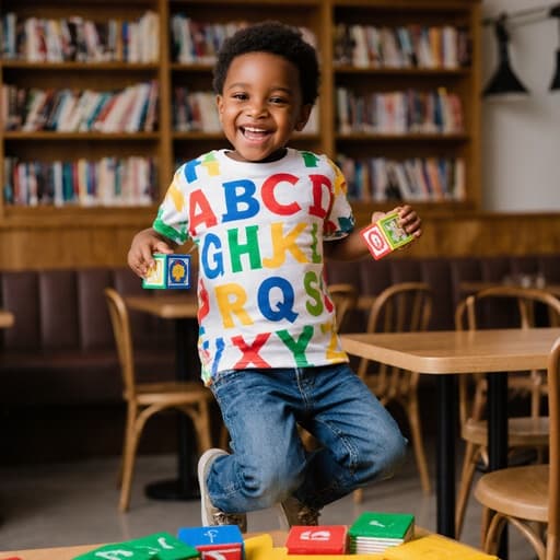 귀여운 7세 흑인 남자 아이가 색색의 알파벳이 그려진 티셔츠와 청바지를 입고 귀여운 웃음을 지으며 점프하고 있는 모습이 반신 촬영으로 담겼습니다. 그는 알파벳 블록을 들고 있으며, 배경에는 아늑한 카페 내부와 책장이 있어 따뜻하고 초대하는 학습 분위기를 만들어냅니다.