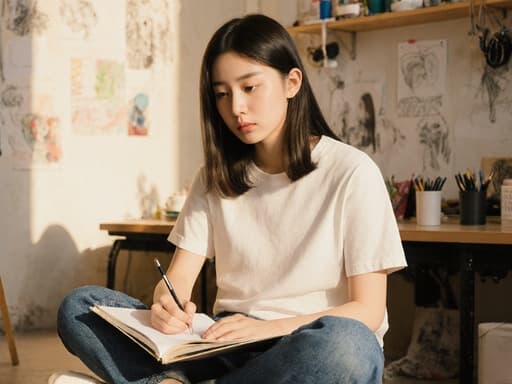 이 이미지는 10대 초반의 한국인 소녀가 밝은 아틀리에의 바닥에 크로스 레그로 앉아 편안한 티셔츠와 청바지를 입고 스케치북에 그림을 그리고 있는 모습을 보여줍니다. 그녀는 예술에 대한 헌신을 반영하는 긴장한 표정을 지으며, 다양한 미술 도구와 그림들이 있는 작업 공간에서 깊이 몰두하고 있습니다.