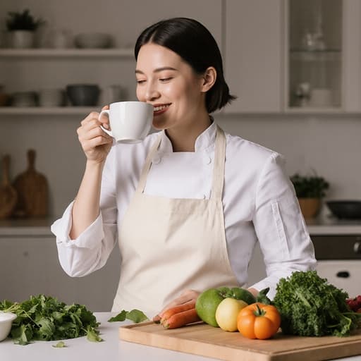 30대 백인 여성이 흰색 요리사 복장과 앞치마를 착용하고, 커피잔을 들고 자연스럽게 미소 지으며 아늑한 주방에서 요리 재료들이 놓인 조리대 위에서 즐거운 순간을 보내고 있는 모습의 반신 사진입니다.