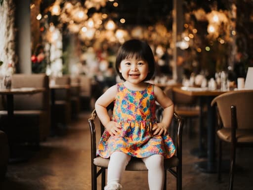 아기자기한 카페에서 밝은 색의 원피스와 레깅스를 입고 즐겁게 춤추며 미소 짓고 있는 3세 한국인 여성의 반신 사진.