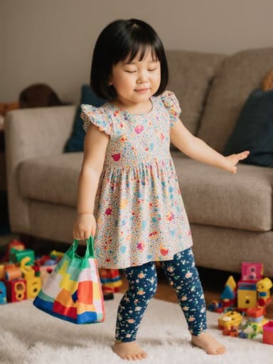 졸린 표정을 짓고 있는 귀여운 3세 아시아계 여성 어린이가 화려한 프린트의 튜닉과 레깅스를 입고, 가방을 들고 몸을 살짝 기울이며 춤추는 모습의 전신 사진. 아늑한 거실에 장난감이 흩어져 있는 따뜻하고 매력적인 분위기를 담고 있습니다.