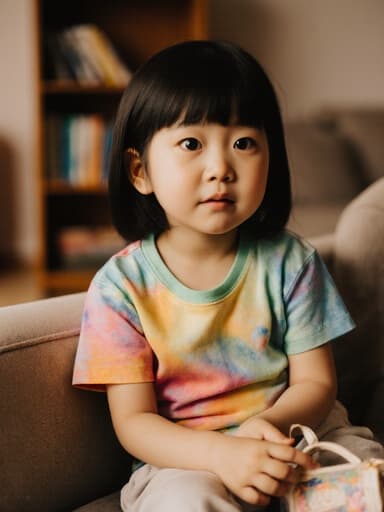 화사한 티셔츠와 편안한 바지를 입고 있는 귀여운 7세 아시아계 소녀의 반신 사진입니다. 그녀는 작은 가방을 손에 들고 호기심 어린 표정을 지으며 아늑한 거실에 앉아 있습니다. 책장과 소파가 있는 따뜻한 분위기 속에 그녀가 둘러싸여 있습니다.