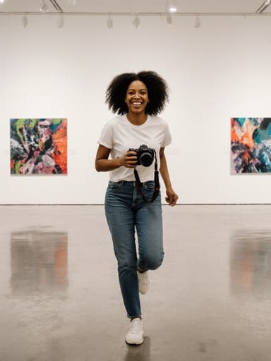 30대 흑인 여성이 캐주얼한 복장을 하고 카메라를 들고 달리며 행복하게 웃고 있는 전신 사진. 현대적인 전시 공간의 흰 벽과 예술 작품들이 활기찬 분위기를 더합니다.