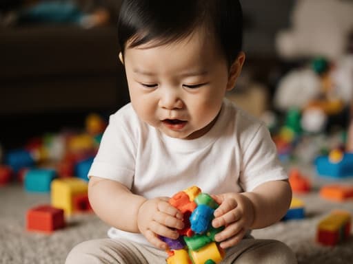 아늑한 거실 배경에서 편안한 티셔츠와 바지를 입은 1세 아시아계 남자 아기가 배고픈 표정을 지으며 입을 벌리고 있습니다. 그는 장난감을 손에 들고 호기심 가득한 시선으로 바라보고 있으며, 주변에는 널브러진 장난감들이 즐거운 분위기를 더해줍니다.