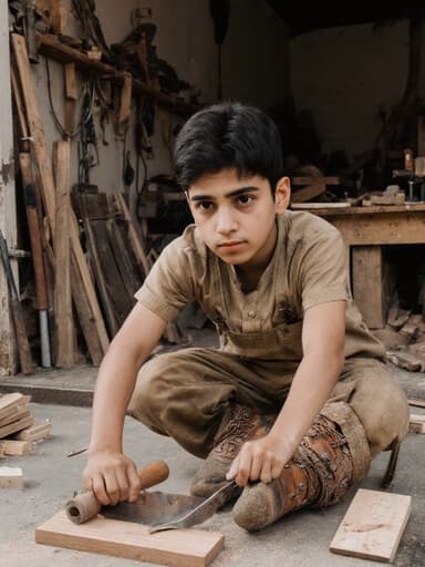 자연스러운 외모를 가진 중동계 10대 초반 소년이 작업복과 작업화를 입고 목공 도구를 들고 있는 반신 촬영 이미지입니다. 그는 고민하는 표정을 지으며 스트레칭하는 자세를 하고 있습니다. 배경은 목공 작업실로, 주변에 나무 조각과 도구들이 흩어져 있어 장인정신의 주제를 잘 드러내는 매력적인 분위기를 연출합니다.