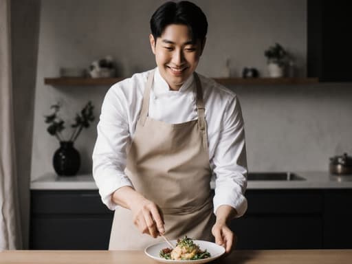 30대 한국인 남성이 깔끔한 흰색 셔츠와 앞치마를 착용하고, 아늑하고 현대적인 주방에서 식탁에 예쁘게 담긴 음식을 서빙하며 우아한 미소를 짓고 있는 모습으로, 그의 요리 실력을 강조하는 따뜻하고 매력적인 분위기를 연출합니다.