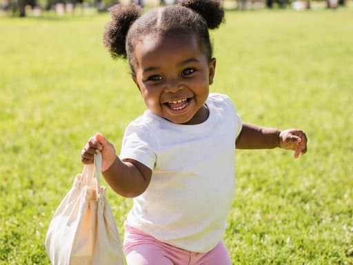 편안한 티셔츠와 레깅스를 입고 장난스럽게 미소 짓고 있는 1세 아프리카계 여성 아이의 반신 사진. 그녀는 작은 가방을 손에 쥐고 장난스럽게 흔들고 있으며, 햇살이 비치는 공원의 푸른 잔디밭과 맑은 파란 하늘이 배경을 이루고 있어 어린 시절의 기쁨과 순수함을 잘 담고 있습니다.